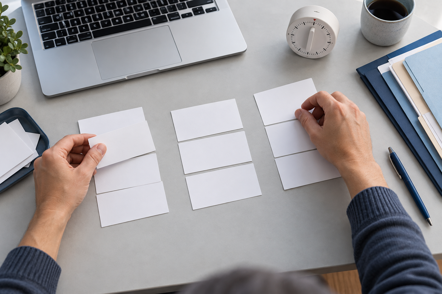 Hands sort task cards into small groups beside a timer and laptop before choosing what to automate.