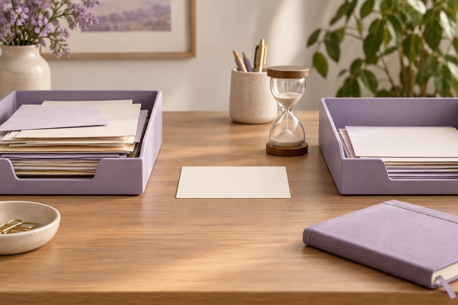 Two lavender document trays, a blank request card and an hourglass on a calm operations desk.
