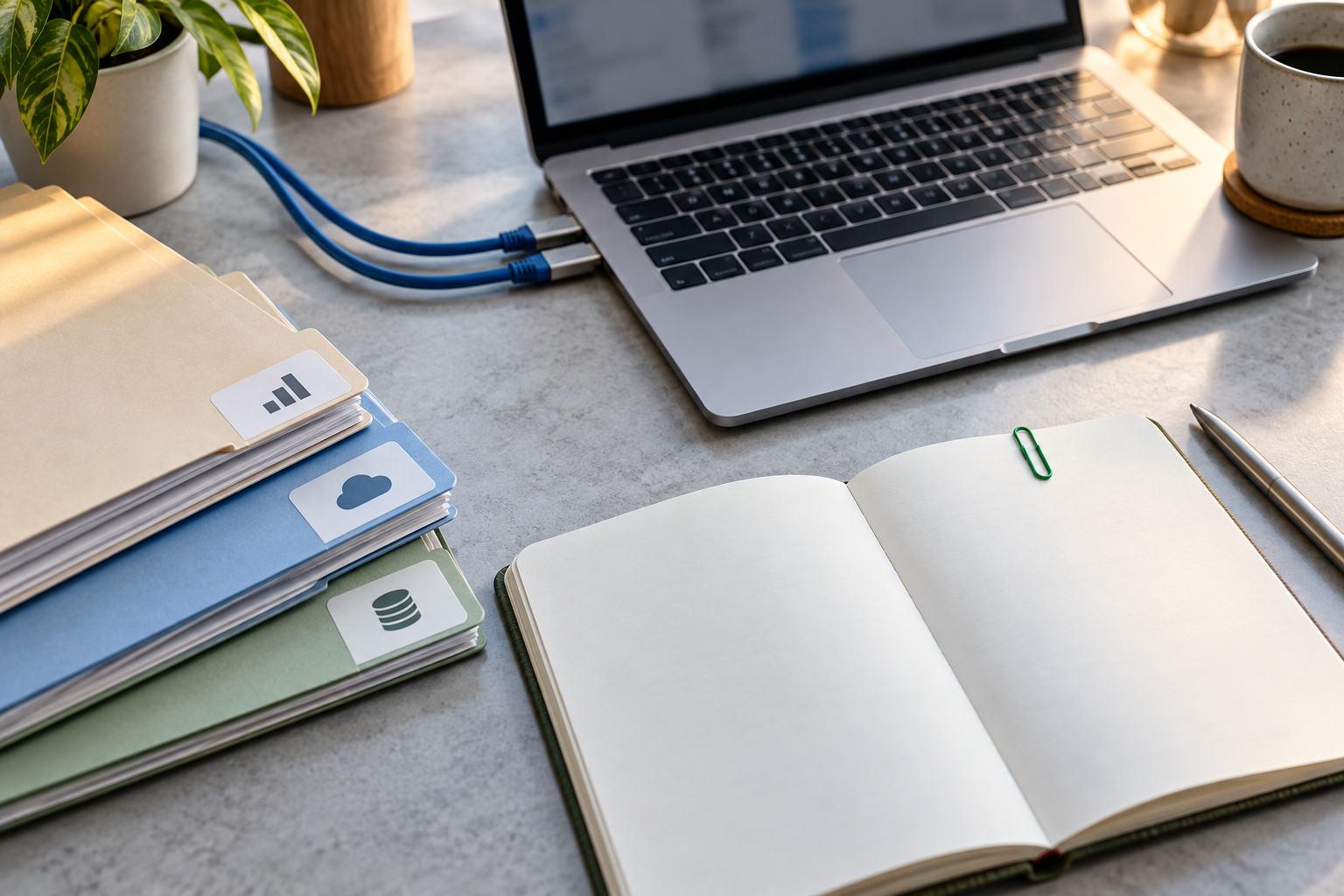 A neatly connected laptop workstation with an approval notebook beside organized source folders.